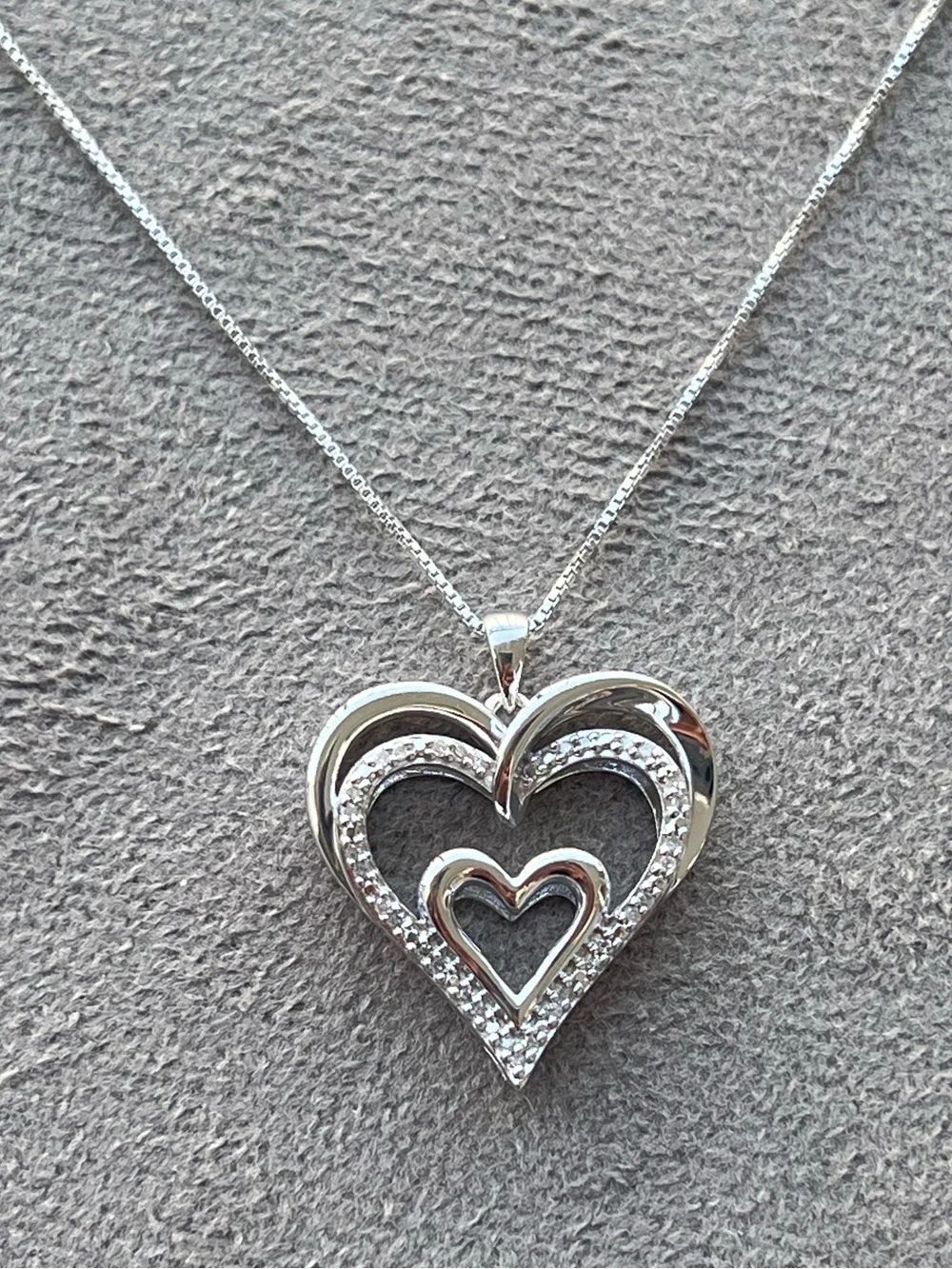 Rhodium Plated Sterling Silver Natural Diamond Double Heart Pendant Necklace